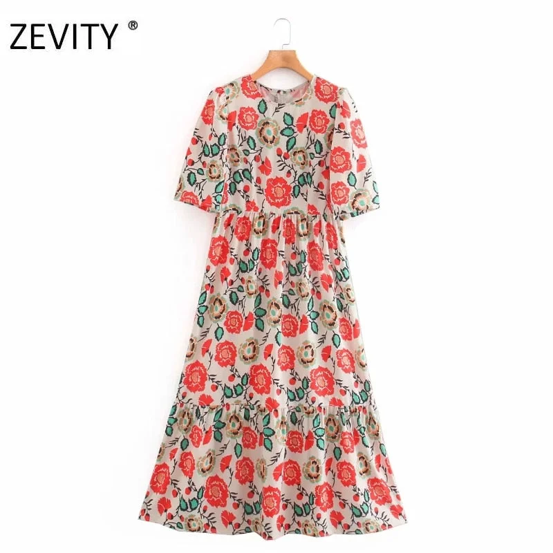 Zevity women vintage flower print pleats a line midi dress elegant lady short sleeve vestido chic casual slim party dress DS4226