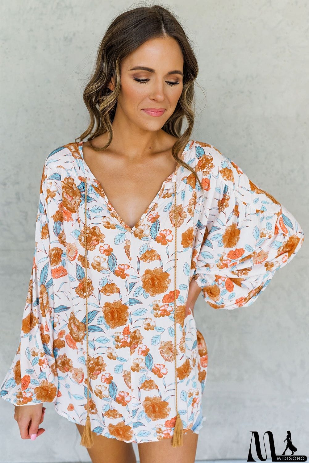 MidiSono - Split V Neck Floral Print Dolman Blouse