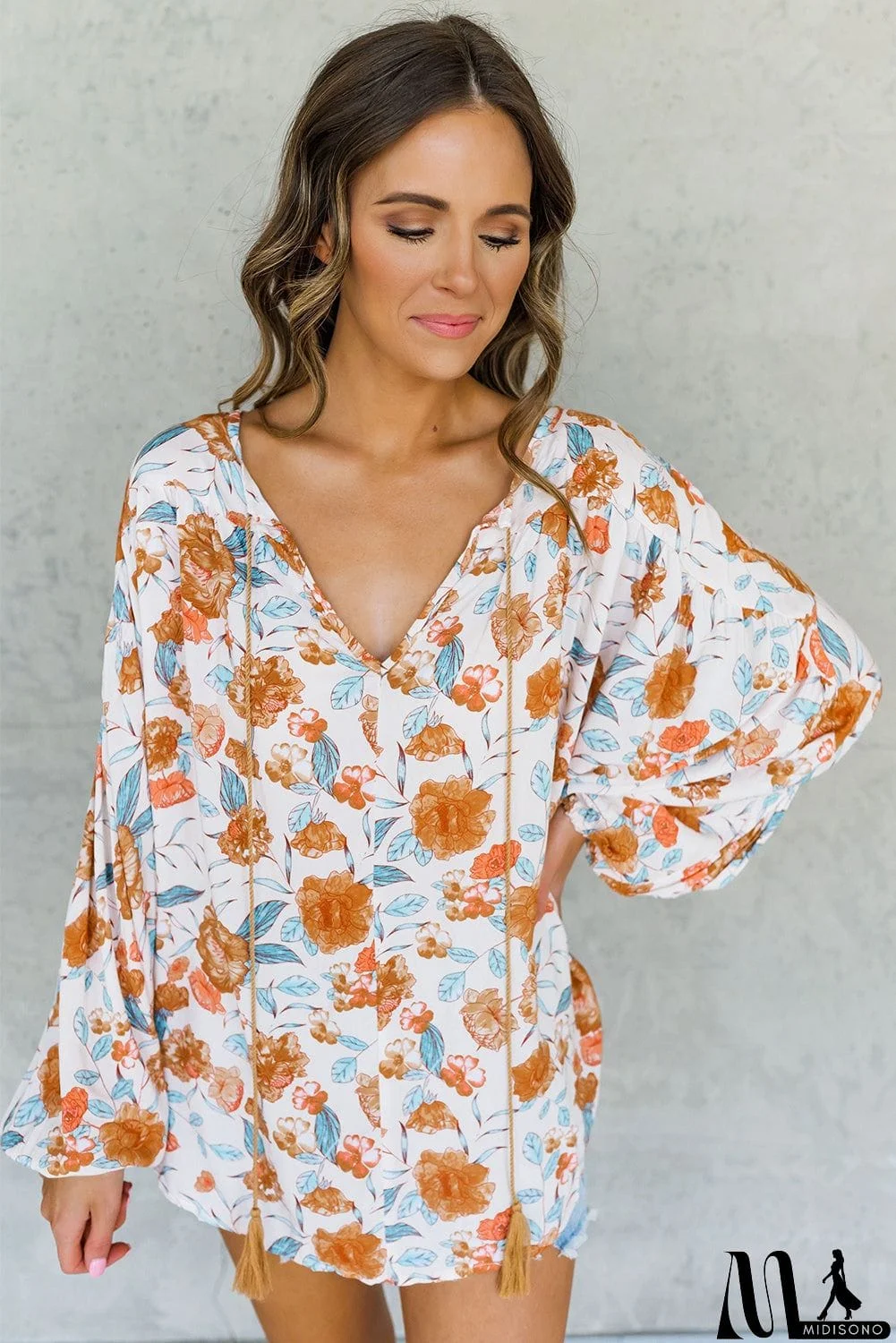 MidiSono - Split V Neck Floral Print Dolman Blouse