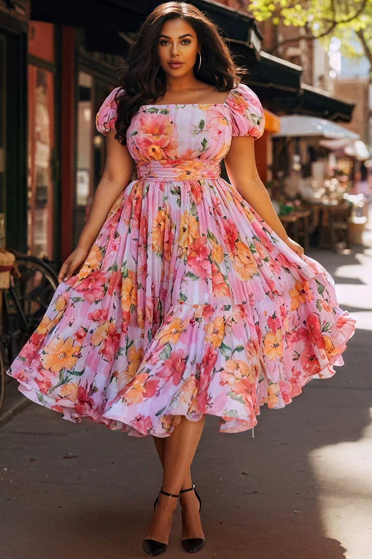 Xpluswear Design Plus Size Vacation Pink Milkmaid Floral Puff Sleeve Short Sleeve Pocket Pleated Midi Dresses [Pre-Order] 2024 - Xpluswear