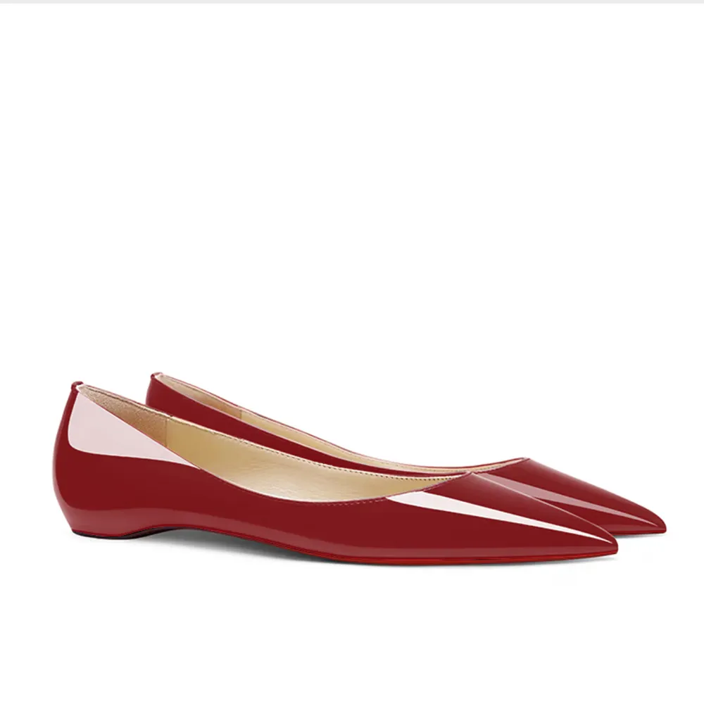 Women's Red Bottom Flat Shoes Pointed Toe Solid Color Patent Leather Shoes-vocosishoes