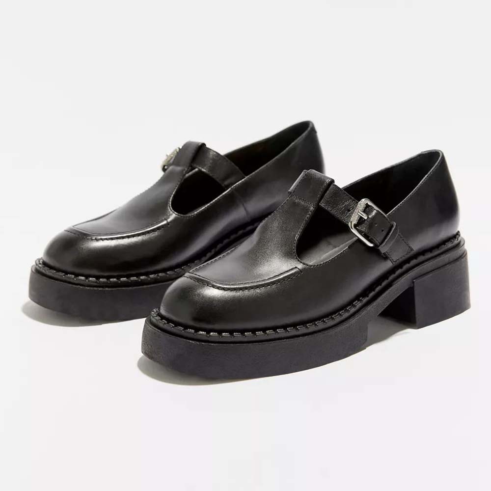 Black  T-strap Shoes With Platform Chunky Low Heel Loafers Nicepairs