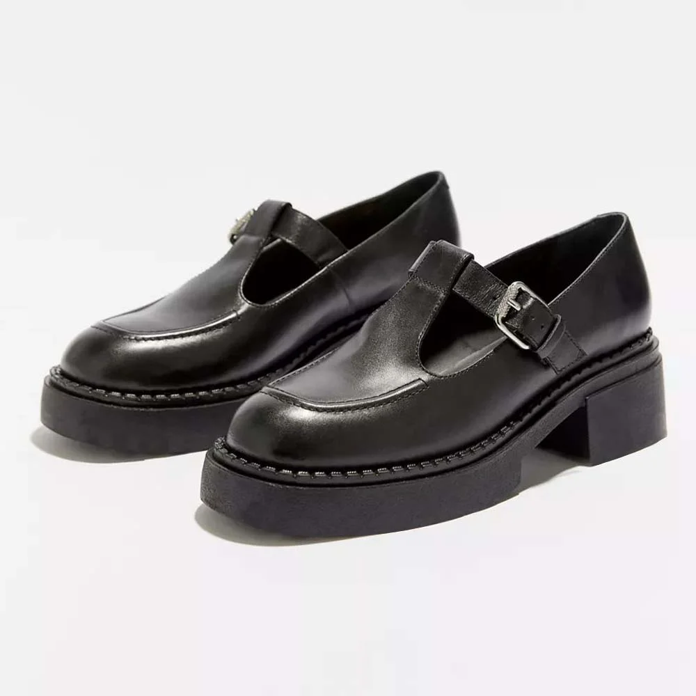 Black  T-strap Shoes With Platform Chunky Low Heel Loafers Nicepairs