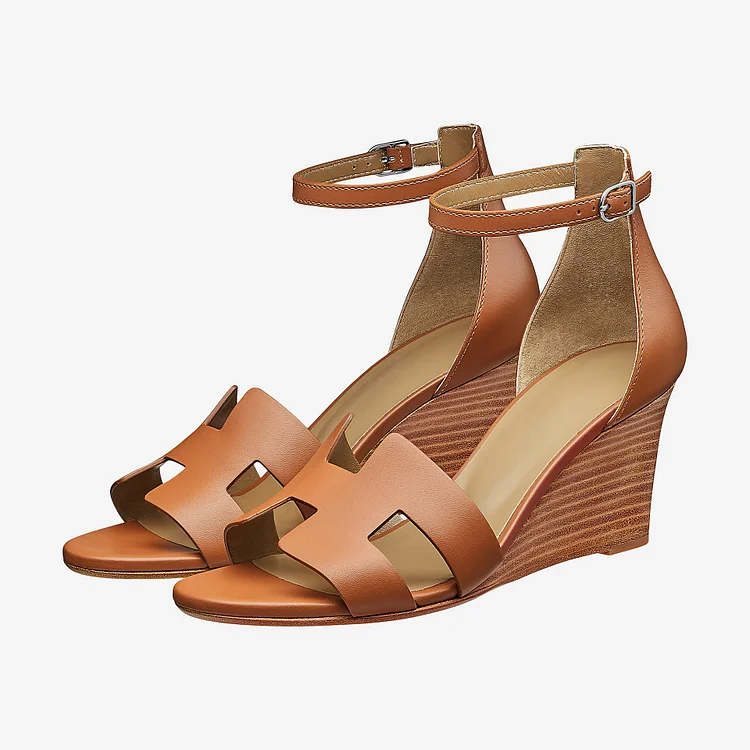 Tan Vintage Legend Wedge Sandals with Ankle Strap Vdcoo
