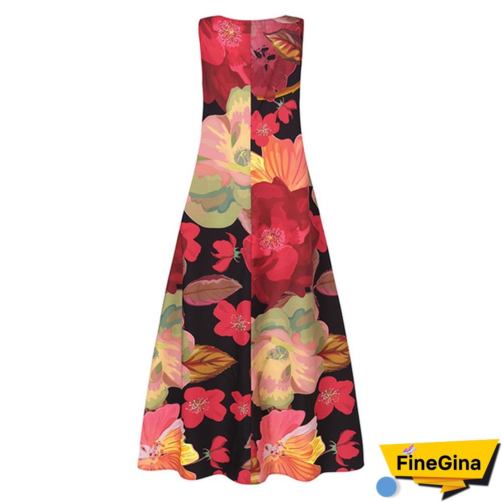 Women Loose Holiday Sleeveless Long Shirt Dress Crew Neck Floral Printed Beach Maxi Sundress Plus
