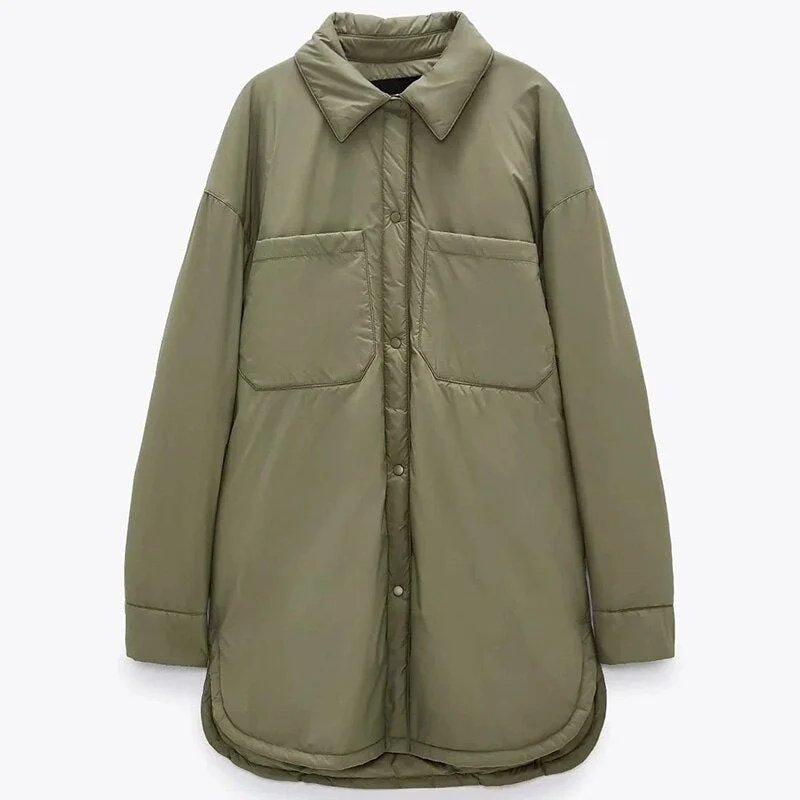 Za Women Jacket Chunky Parkas Thin Long Coat Khaki Pocket Female Oversize Overshirt trf BF Button Long Sleeves Outwear Armygreen