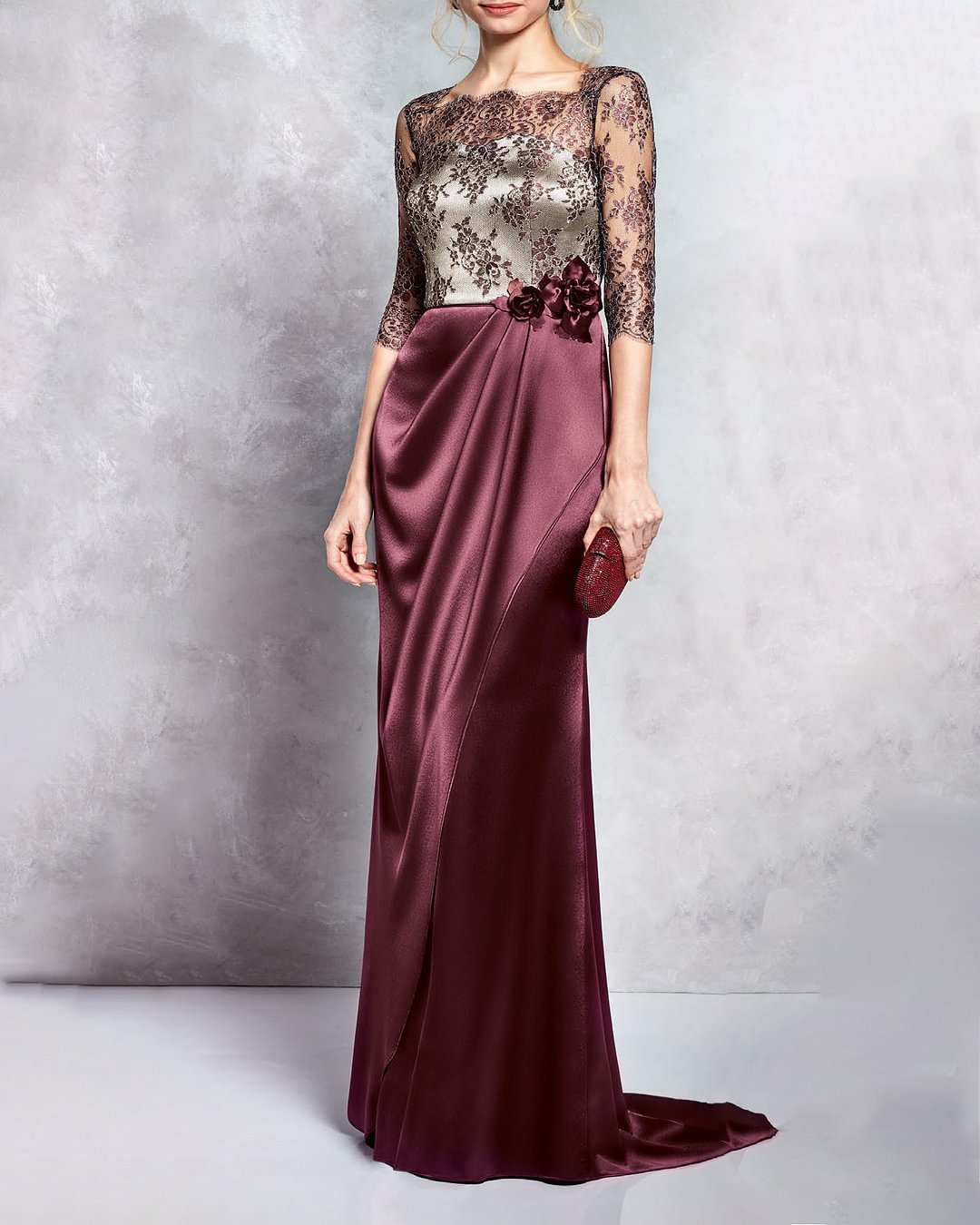 Elegant Lace Satin Panel Gown Dress
