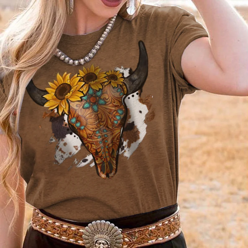 Women's Casual Western Cow Skull Sunflower Printed T-shirt