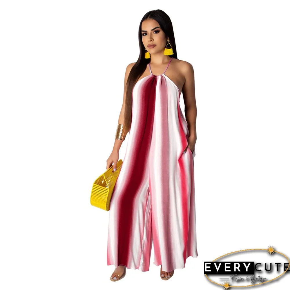 Wine Stripes Halter Wide Leg Jumpsuit