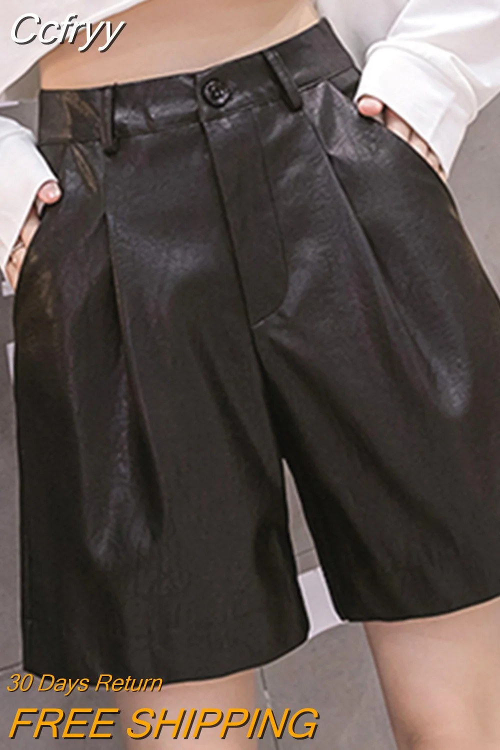 huibahe Leather Women Shorts Button Quality Wide Leg Faux Leather Shorts England Style High Waist Loose Shorts Femme Womens Clothing
