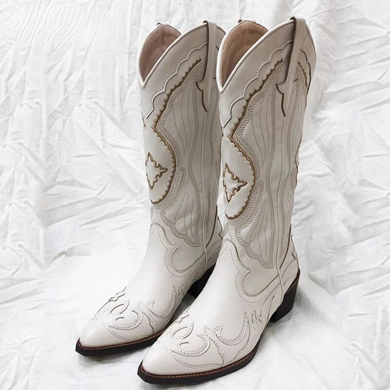 VCSHOES Vintage Embroidered Western Cowboy Boots Women All-match Mixed Color Knight Boots Street Style Lady Daily Shoes