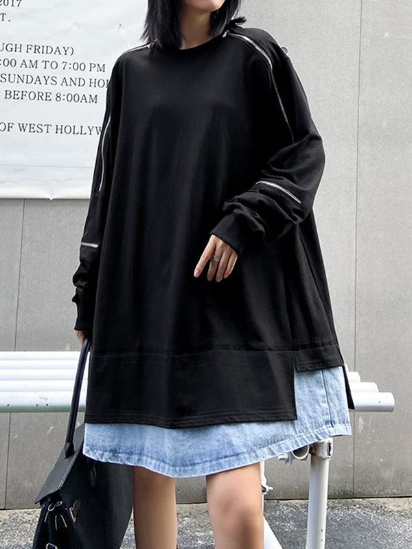 Loose Patchwork Denim Casual Long Sleeve Hoodie