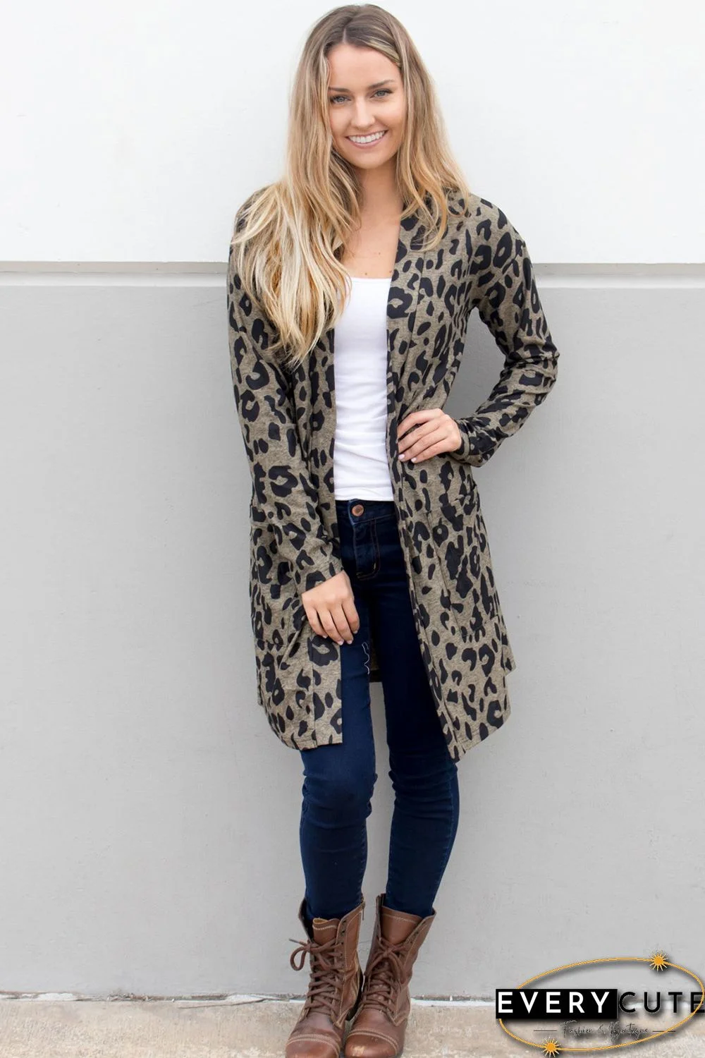 Leopard Print Open Front Pocketed Cardigan