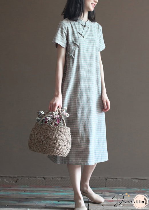 Retro Light Green Stand Collar Plaid Cotton Cheongsam Dress Short Sleeve