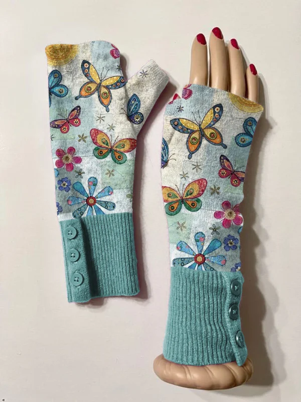 Retro butterfly casual print knit fingerless gloves