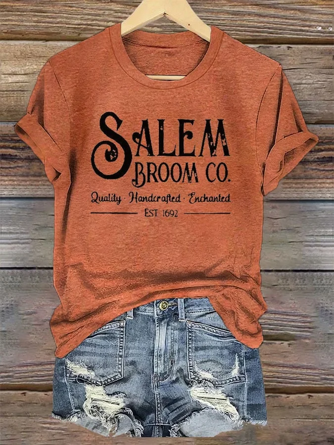 Women's Salem Broom Co Quality Handcrafted Enchanted Est 1692 Printed T-Shirt