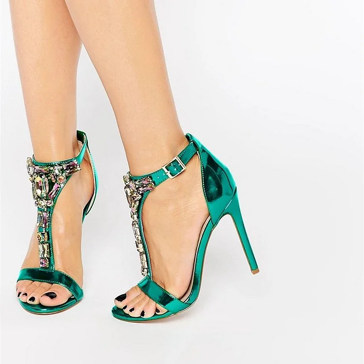Green Metallic T Strap Heels Sandals Open Toe Rhinestone Sandals |FSJ Shoes