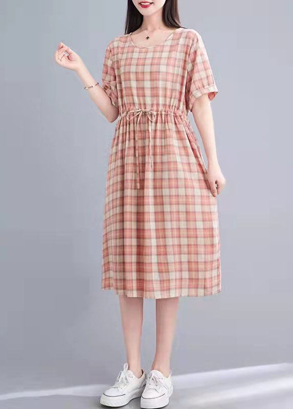 VCSHOES Cotton Clothes Women Fabric Pink Plaid Loose Dress Summer