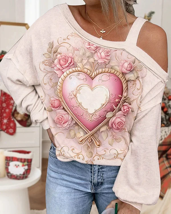 Valentine's Day Love Floral Heart Print Off Shoulder Top