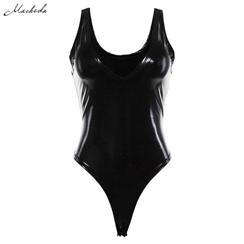 Macheda Black PU Leather Sexy V-neck Bodysuit Women Skinny Summer Beach Casual Ladies Slim Jumpsuit 2019 New Arrival