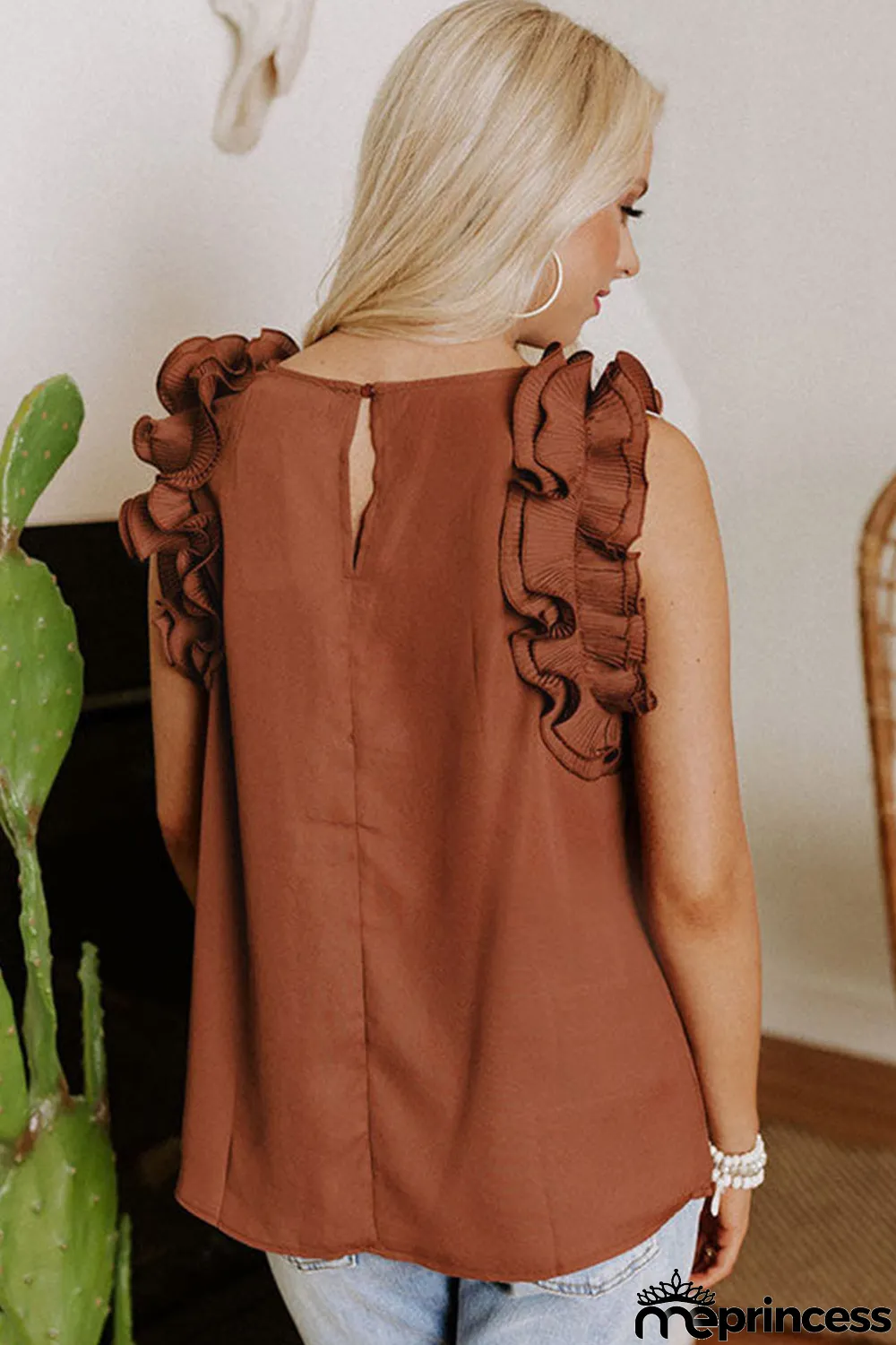 Brown Ruffles Armhole Tank Top