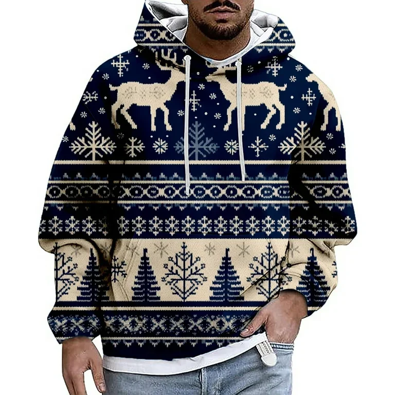 Men's Casual Sports Christmas Reindeer Series 3D Digital Printed Hooded Pullover
