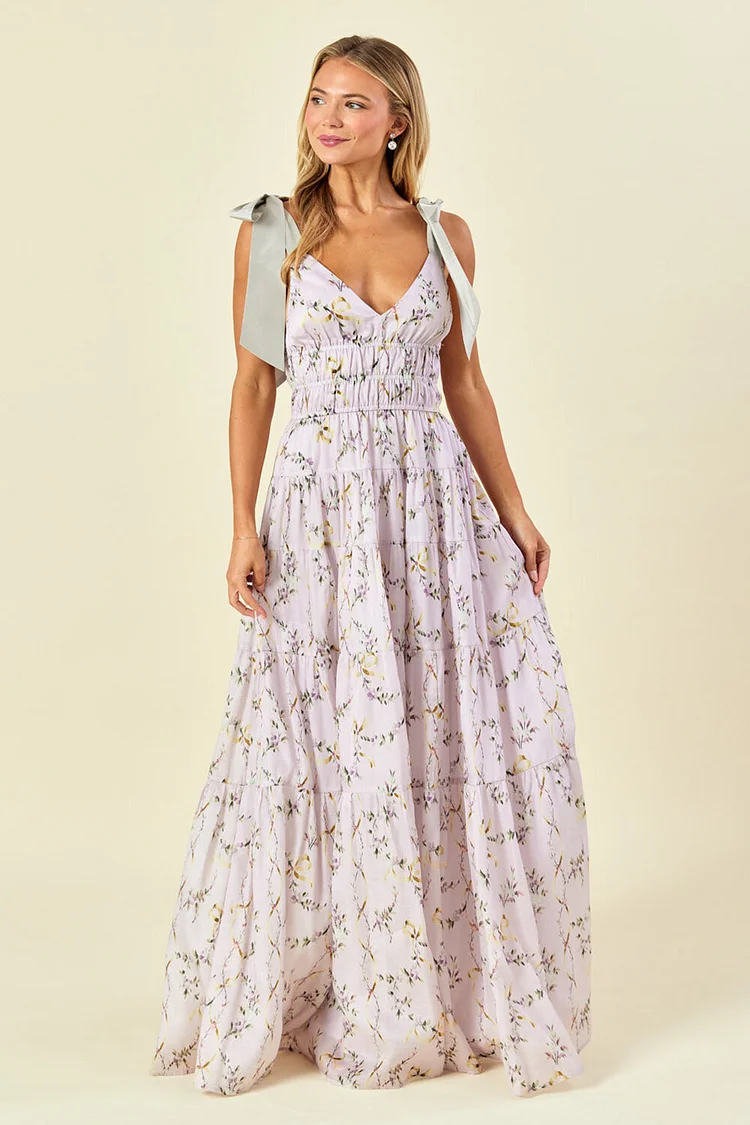Tie Up Shoulder Straps Floral Print Maxi Dresses-LightPurple [Pre Order]