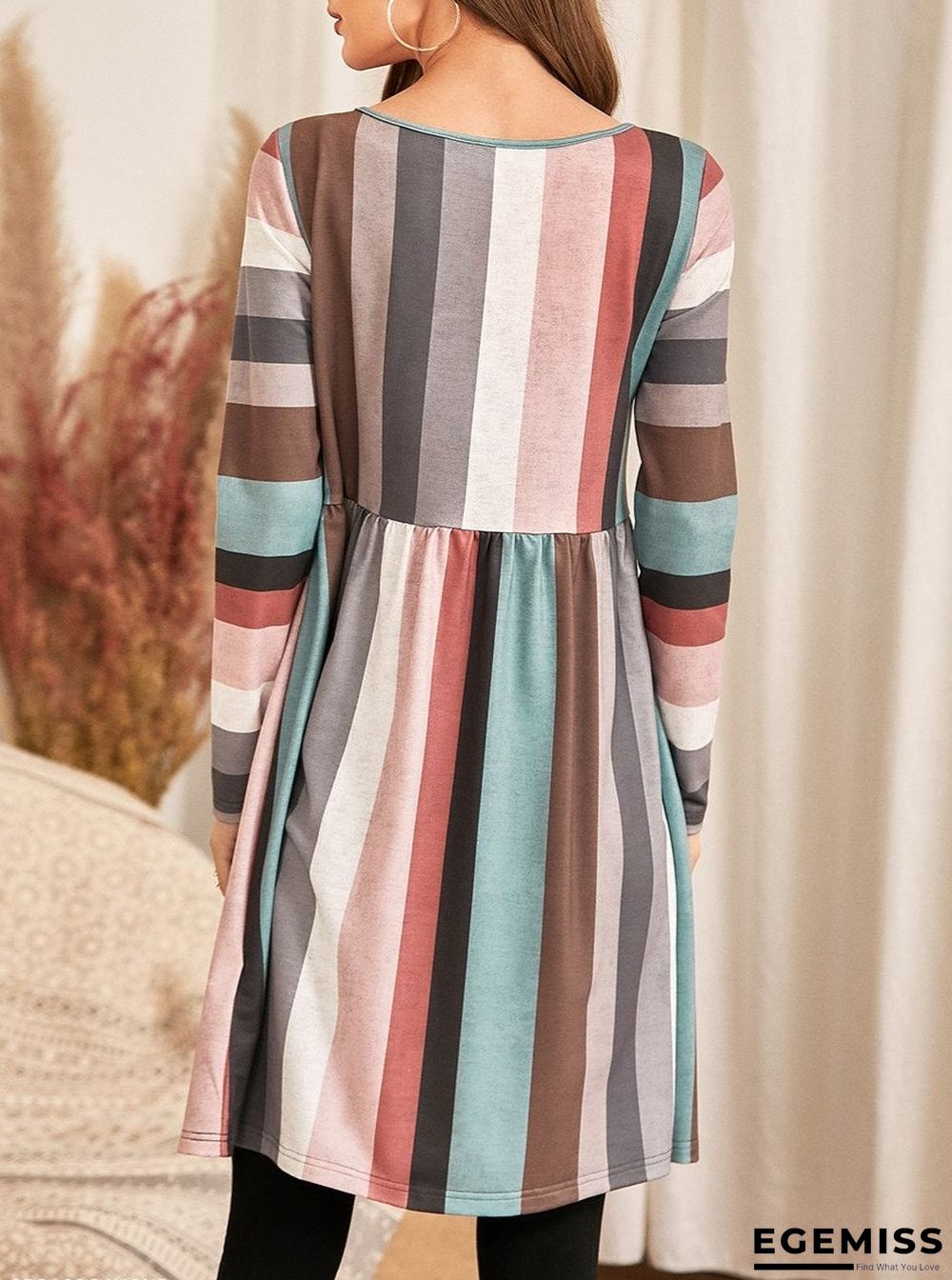 Color Striped Knitted Stitching Casual Loose Round Neck Dress | EGEMISS