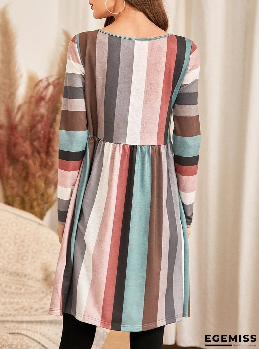 Color Striped Knitted Stitching Casual Loose Round Neck Dress | EGEMISS