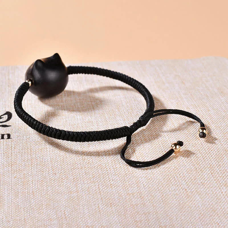 Ebony Wood Cat Head Pattern Peace King Kong Knot Braided Bracelet