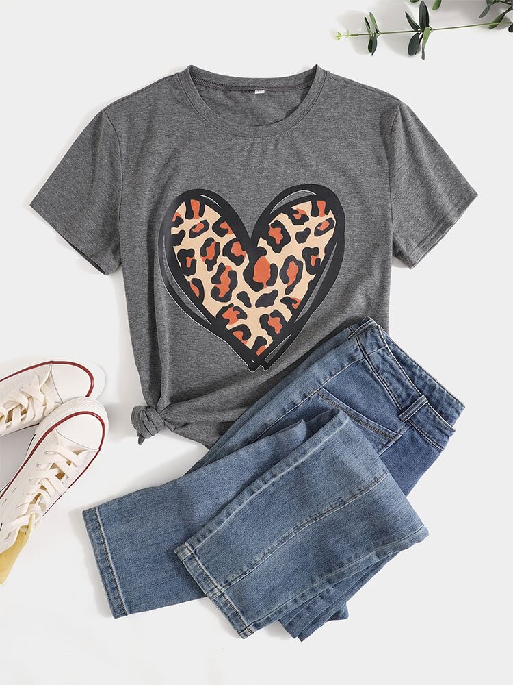 Heart Leopard Print O neck Short Sleeves Casual T Shirt For Women P1806907