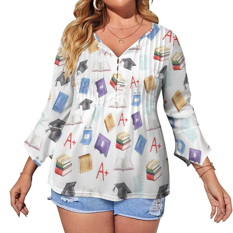 1863 County Journal And Advertiser Vintage Newspapers Women Button Half Placket Blouse casual print Petal 3/4 Sleeve Pullover Top - Heather Prints Shirts