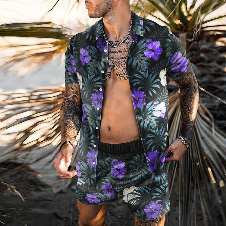 Men Beach Casual Floral Print Short Sleeve Suit