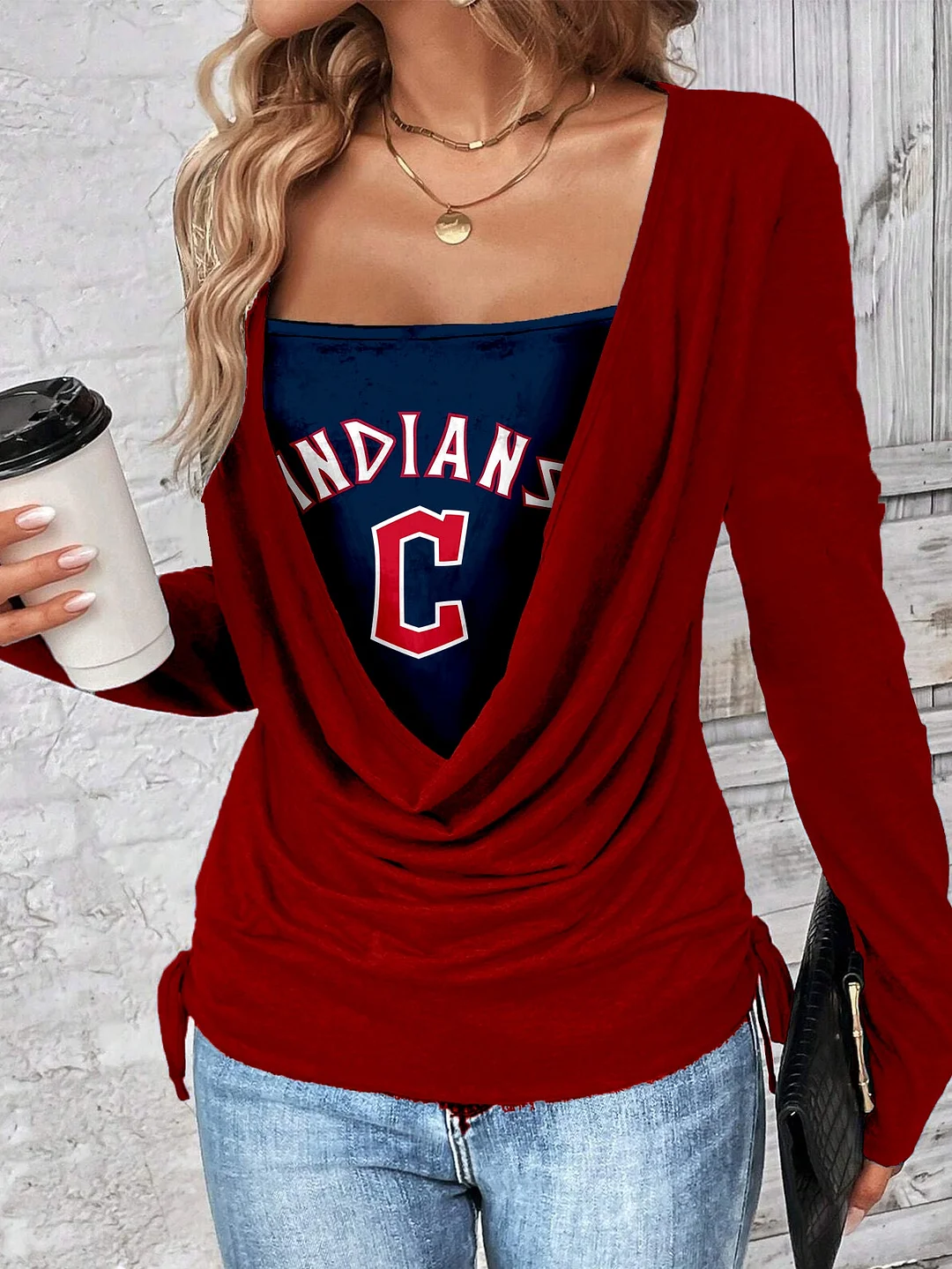 Contrast draped side drawstring T-shirt