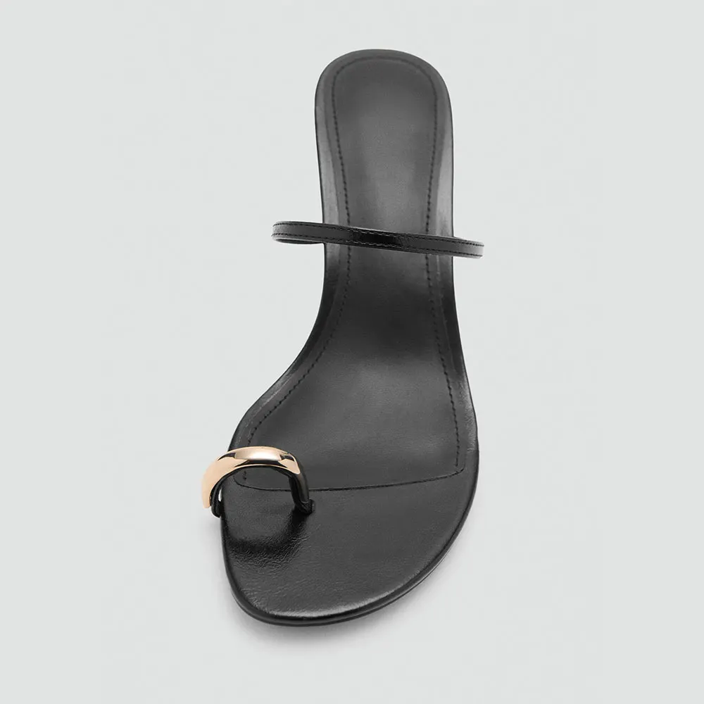 Black Round Toe Mid Flared Heel Slip On Toe Ring Sandals with Strap