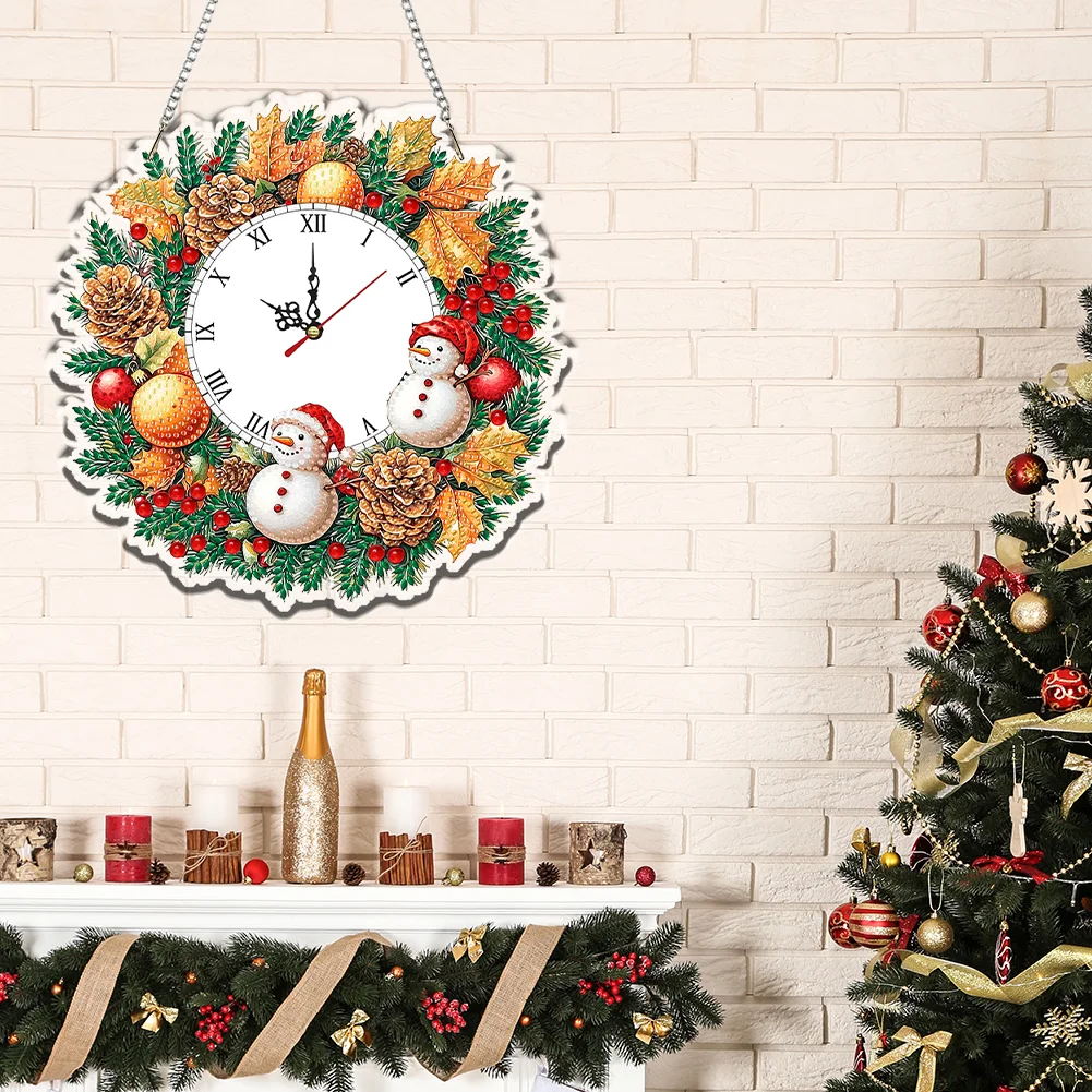 2D Flat DIY Fall Snowman Acrylic Diamond Painting Clock Pendant Home Decor