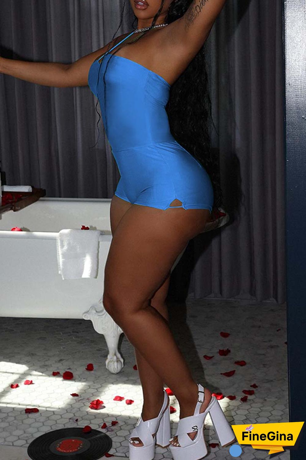 Orange Sexy Solid Backless Spaghetti Strap Skinny Romper