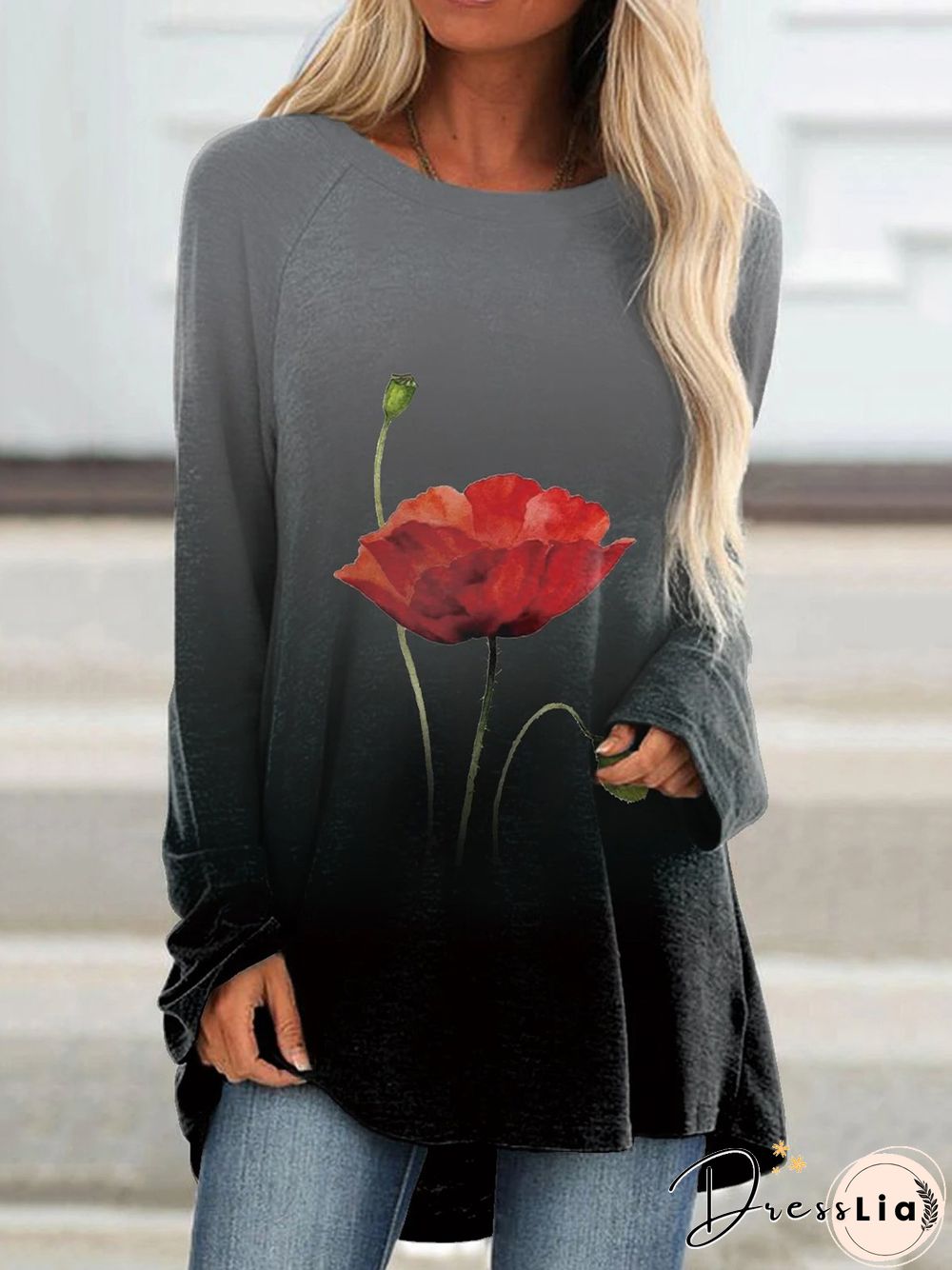 Black Floral Ombre/Tie-Dye Printed Casual Long Sleeve Round Neck Shift T-shirt