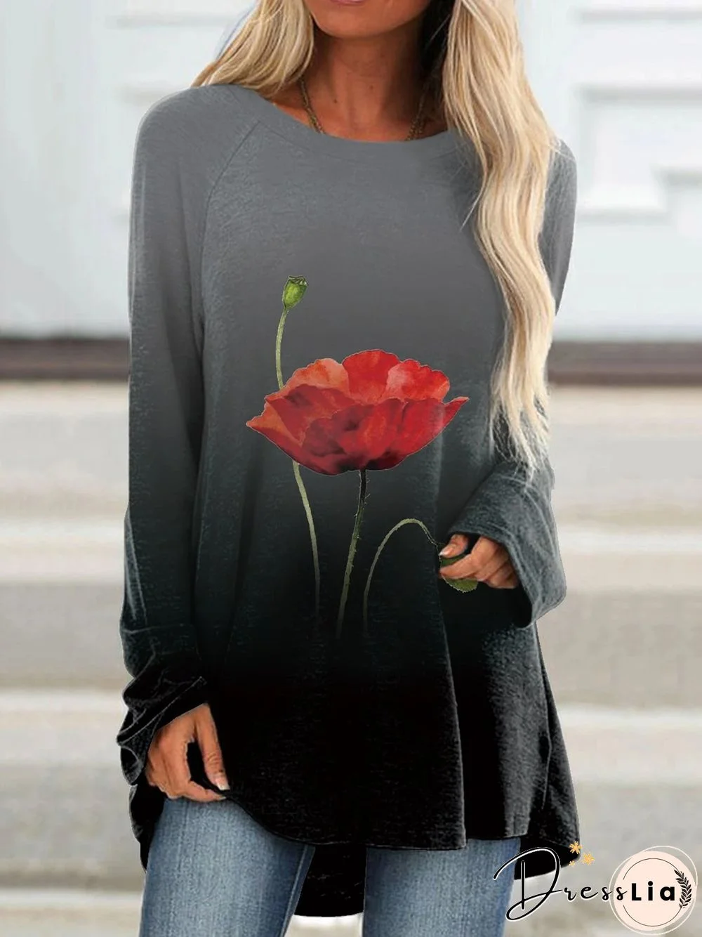 Black Floral Ombre/Tie-Dye Printed Casual Long Sleeve Round Neck Shift T-shirt