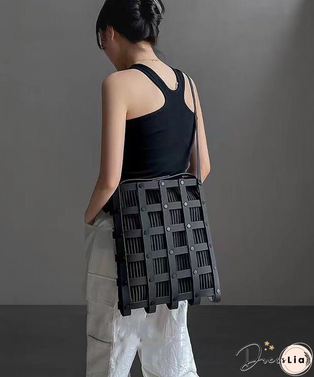 Original Black Hollow Out Rivet Calf Leather Satchel Handbag