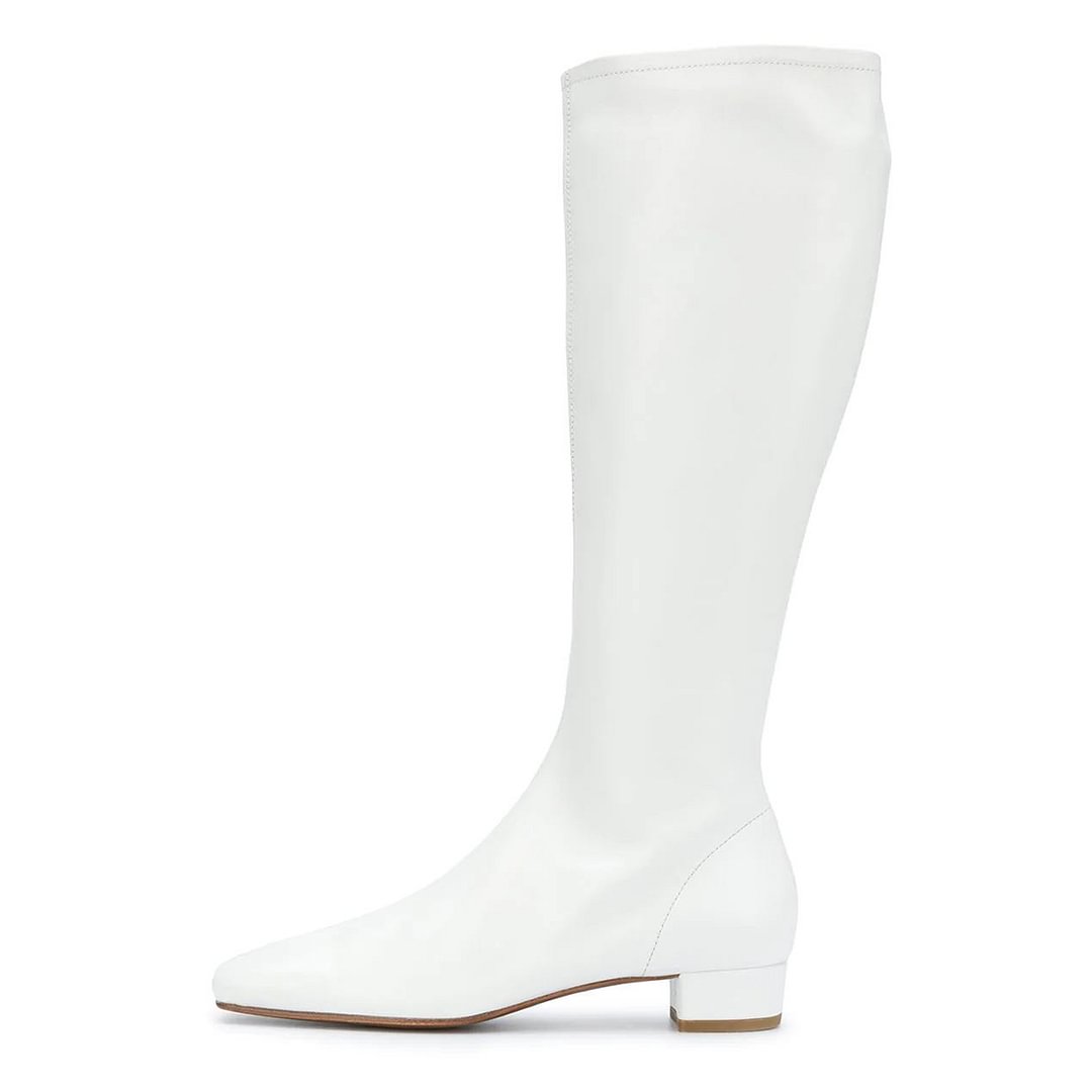 Vegan Leather Pull-On Square Toe Knee High Heel Boots in White
