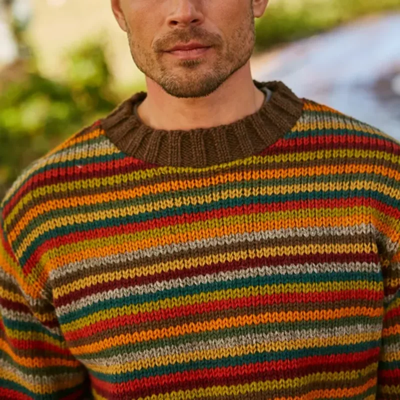 Retro Warm Colorful Striped Knitted Jacquard Iceland Crew Neck Sweater