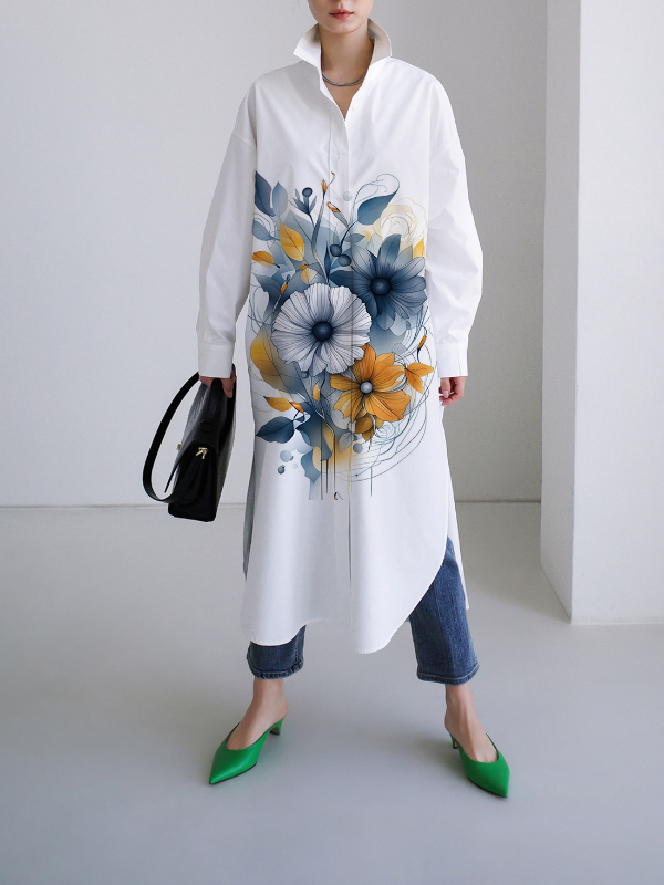 Positioning Printing Loose Long-Sleeved Shirt Maxi Dress