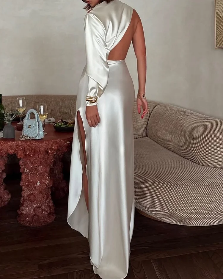 One Shoulder Long Sleeve Backless Dress