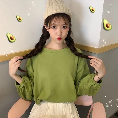 Brownm Brownm Women's Fall 2024 New Korean Version Loose Sleeve Student Lantern Sleeve Long-Sleeve T-Shirt Women's Solid Color Bottom Shirt Tide