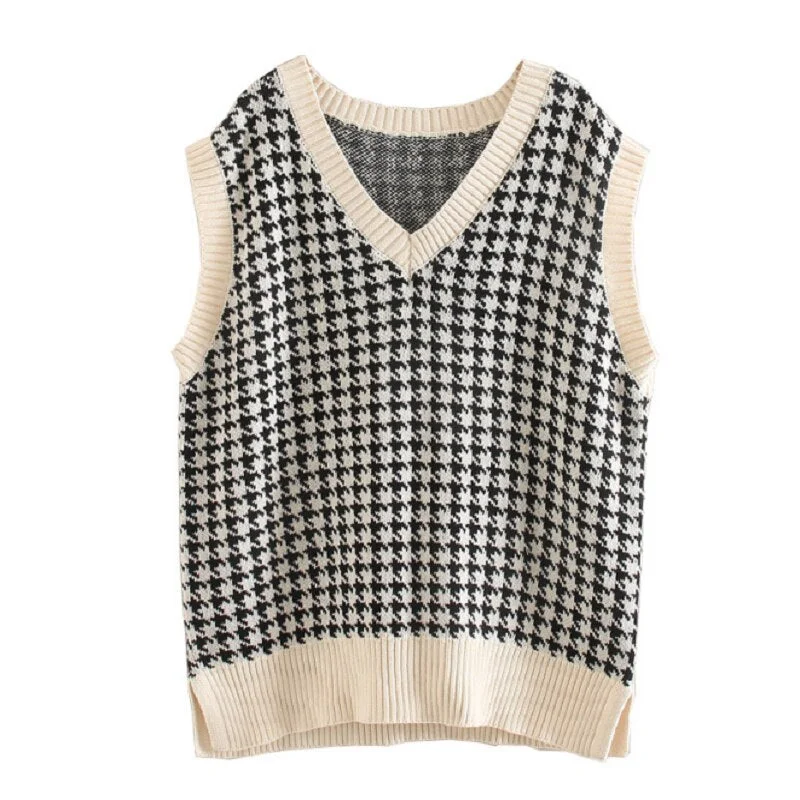 Women Sweater Vest 2020 Autumn Knitted Houndstooth V-Neck Pullover Fashion Oversized Sleeveless Female Waistcoat Jumper Tops