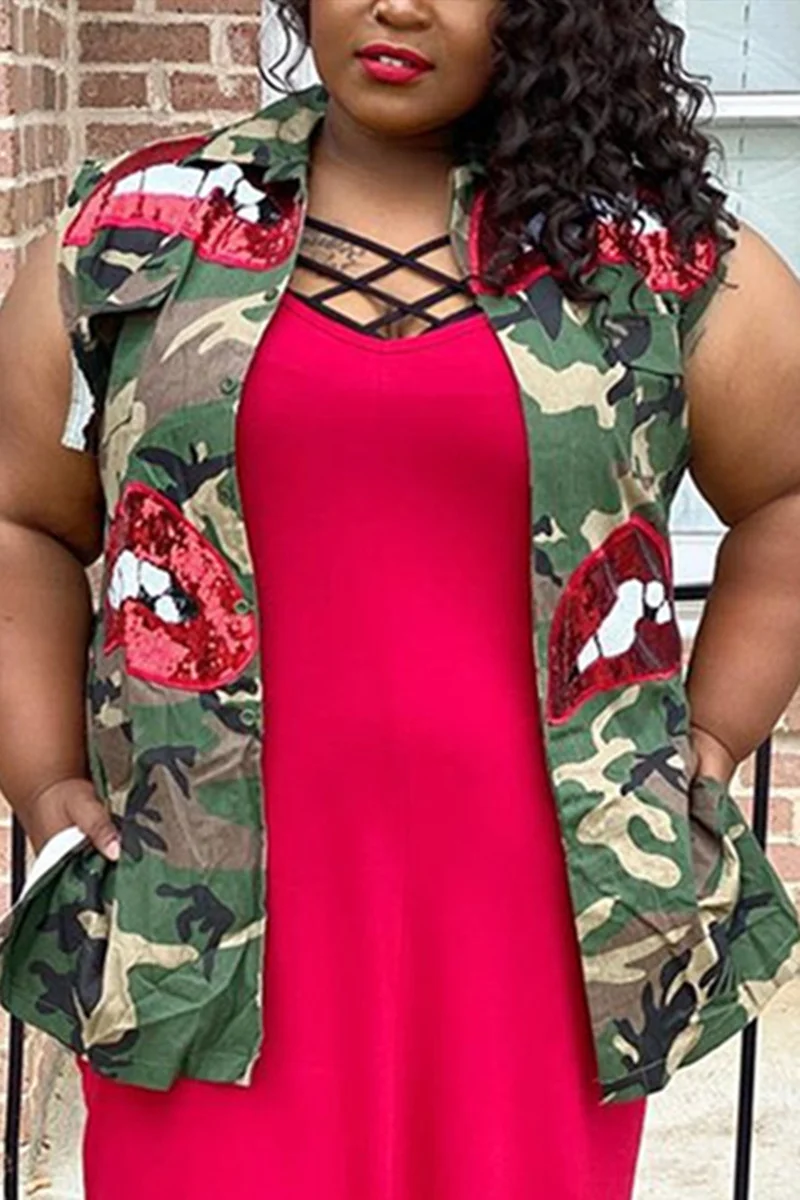 Green Denim Street Fashion Ma'am adult Turndown Collar Sequin Camouflage Sequined Pattern Plus Size overc | EGEMISS