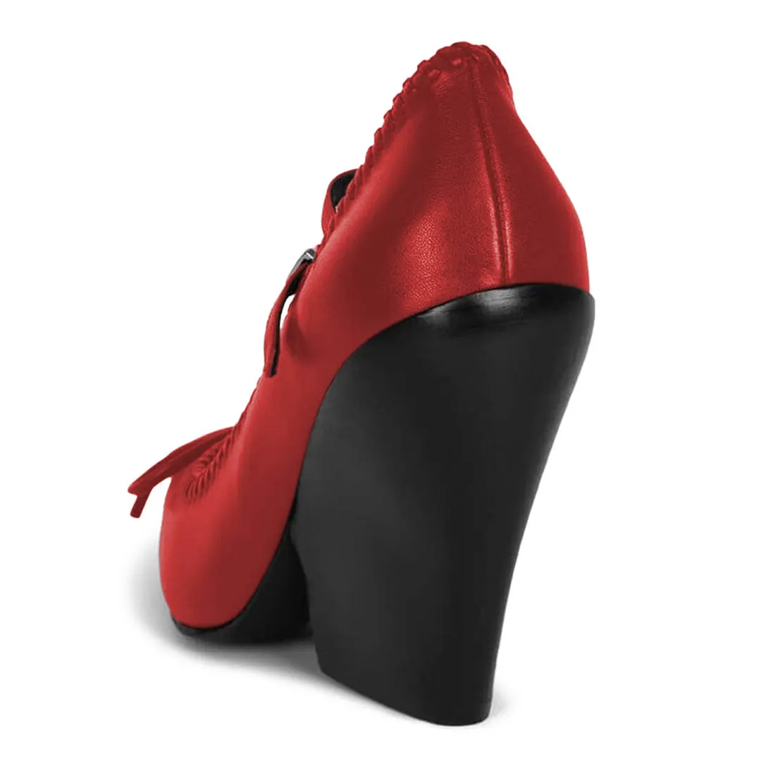 YDN Red Vegan Leather Bow Square Toe Chunky Heeled Mary Janes