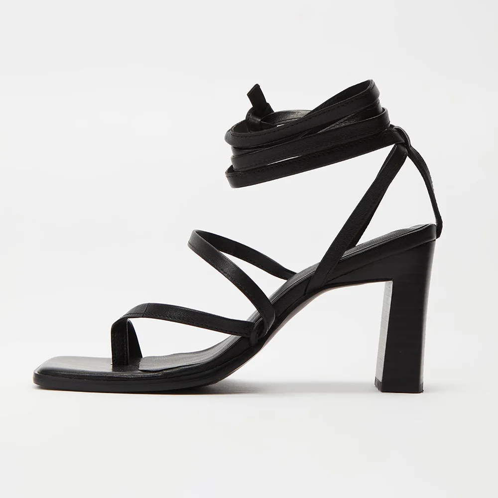 Classic Black Square Toe Chunky Heel Ankle Strap Lace Up Sandals