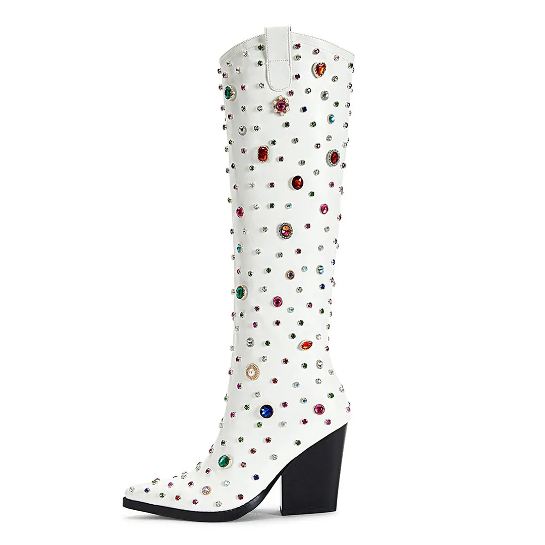 White Pointed Toe Chunky Heel Rhinestone Western Boots for Women